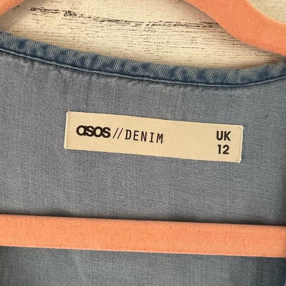 ASOS Chambray Wrap Ruffle Trim Short Sleeve Dress Size 8 - Picture 3 of 10